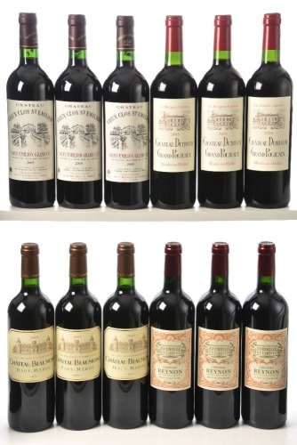 Chateau Reynon Rouge 2005 Premieres Cotes de Bordeaux 3 bts Château Beaumont 2005 Haut-Médoc 3 Bts Château Dutruch Grand Poujeaux Moulis 2005 3 Bts Vieux Clos Saint-Emilion 2005 3bts As above 12 bottles