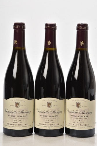 Chambolle Musigny 1 er Cru Les Cras 2016 Domaine Hudelot Baillet 3 bts In Bond