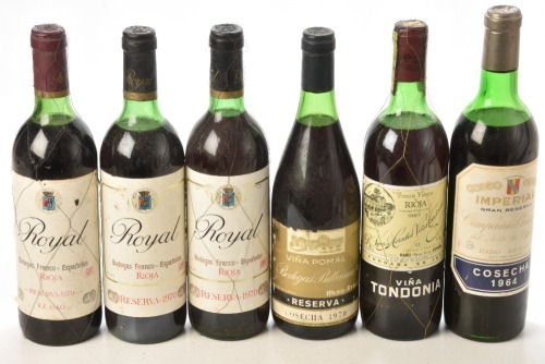 Cvne Gran Reserva Rioja 1964 1 bt Lopez de Heredia 1987 Vina Tondonia 1 bt Vina Pomal Reserva Rioja 1970 Bodegas Billaines 1 bt Royal Reserva Rioja 1970 3 bts Above 5 bts