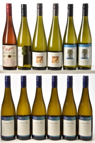 Polish Hill Riesling Grossett 2017 6bts Polish Hill Riesling Grossett 2014 1bt Penfold's Autumn Riesling Koonunga Hill 2010 1bt Greywacke Pinot Gris 2020 2bts Howard Park Mount Barker Riesling 2014 2bts Above 12 bts