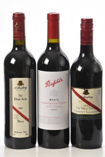 Penfolds Max's Cabernnet Sauvignon 2020 1 bt D'Arenburg The Dead Arm 2000 1 bt D'Arenburg The High Trees Cabernet Sauvignon 2009 1 bt