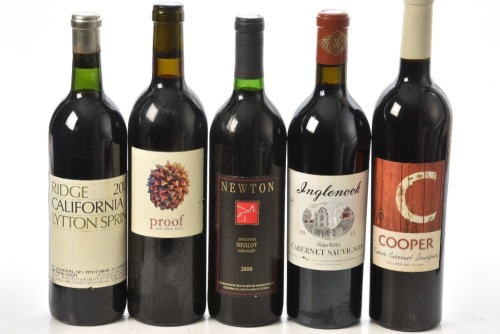 Newton Merlot, Napa Valley 2000 1 bt Zinfandel, Lytton Spring, Ridge 2004 1 bt Inglenook Cabernet Sauvignon 2012 1 bt Cooper Estate Cabernet Sauvignon Red Mountain 2013 1 bt DeSante Proof Red Wine 2015 1 bt Above 5 bts