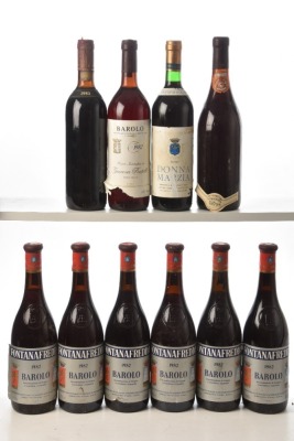 Donna Marzie Corte Zecca 1985 1bt Barolo no label 1979 1bt Barolo Fontanafredda damaged 1982 6bts Barolo Giacoso Fratelli 1982 1bt Brunello di Montalcino Baronici 1983 no label 1bt above 10 bts