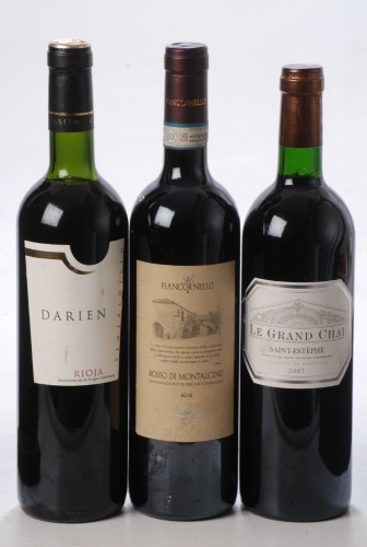 Rioja Darien 2009 1 bt Le Grand Chai 2007 Saint Estephe 1 bt Rosso di Montalcino 2012 Piancornello 1 bt Above 3 bts Charity Lot - No Buyer's Premium - From a private collection in Sussex
