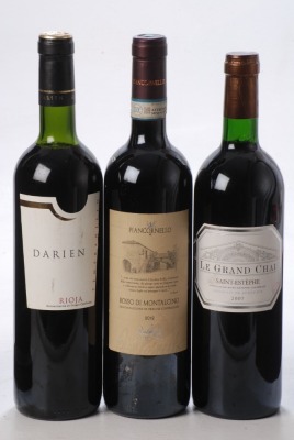 Rioja Darien 2009 1 bt Le Grand Chai 2007 Saint Estephe 1 bt Rosso di Montalcino 2012 Piancornello 1 bt Above 3 bts Charity Lot - No Buyer's Premium - From a private collection in Sussex