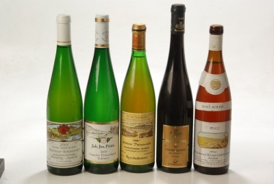 Graacher Himmelreich Kabinett 2009 Joh. Jos. Prum 1 Bt Fruhburgunder Qualitatawein Trocken 2007 Sonneberg 1 Bt Stettener Pulvermacher Gewurztraminer Auslese Aualitatsewein mit Predikat 1990 Remstalkellerei 1 Bt Bergzaberner Kloster Liebfrauenberg Auslese 