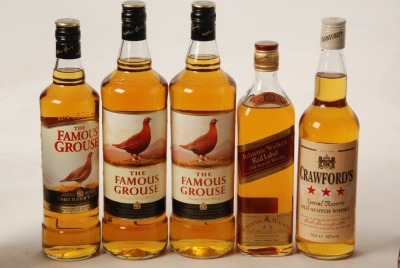 The Famous Grouse Blended Scotch Whisky 40% 2 x 1l Bt sThe Famous Grouse Blended Scotch Whisky 40% 1 x 70cl Bt Johnnie Walker Red Label Old Scotch Whisky 40% 1 x 70cl Bt Crawfords Special Reserve Old Scotch Whisky 40% 1 x 70cl Bt Above 5 Bts