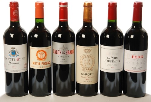 Baron de Brane 2016 Margaux 1 Bt Lacoste Borie 2016 Pauillac 1 Bt La Parde de Haut Bailly 2016 Pessac Leognan 1 Bt Sarget de Gruaud Larose 2016 Saint Julien 1 Bt Echo de Lynch Bages 2016 Pauillac 1 Bt Petit Figeac 2016 Saint Emilion 1 Bt Above 6 bts In B