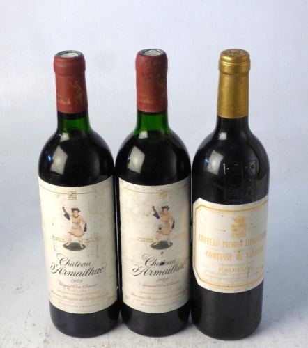 Chateau Pichon Longueville Comtesse de lalande 1989 Pauillac 1 bt Chateau d'Armailhac 1989 pauillac 2 bts Above 3 bts