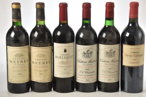 Chateau Montrose 1983 St Estephe 1 bt Chateau montrose 1988 St Estephe 1 bt Chateau Meyney 1982 St Estephe 1 bt Chateau Meyney 1988 St Estephe 1 bt Chateau Berliquet 2005 St Emilion GCC 1 bt Chateau Petit Village 2005 omerol 1 bt Above 6 bts From an exce