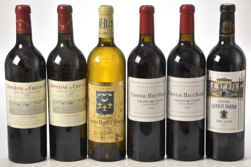 Domaine de Chevalier 2004 Pessac Leognan 2 bts Chateau Smith Haut Lafite Blanc 2000 Pessac leognan 1 bt Chateau Haut Bailly 2005 Pessac Leogan 2 bts Chateau Leoville Barton 2003 St Julien 1 bt Above 6 bts From an excellent private cellar in Edinburgh