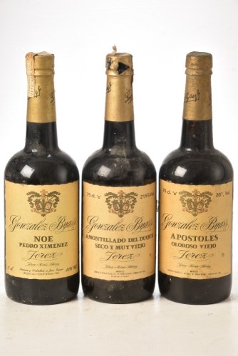 Noe Pedro Ximenez Gonzalez Byass Sherry 1bt Amontillado del Duque Seco y Muy Viejo Gonzalez Byass Sherry 1bt Apostoles Oloroso Viejo Gonzalez Byass Sherry 1bt above 3 bts