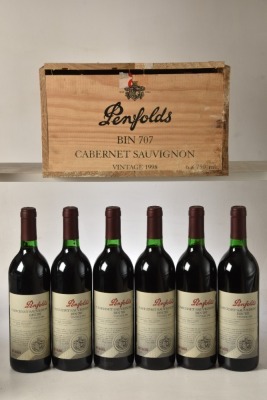 Penfolds Bin 707 1998 6 bts OWC Damp affected case and paper wrappers, bottles pristine